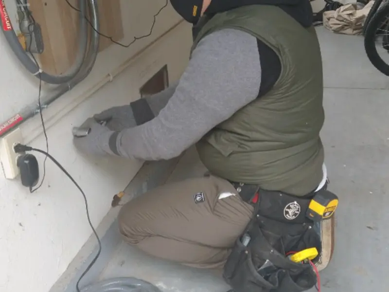 Electrician performing outlet wiring in a Weaver garage